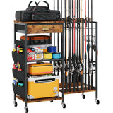 Homeiju Fishing Rod Holder, Fishing Pole Holders for Garage Boat Fishing Gear Storage with Drawer and Wheels, Holds 16 fishing rods for Home Entryway Corner,Rustic Brown Homeiju