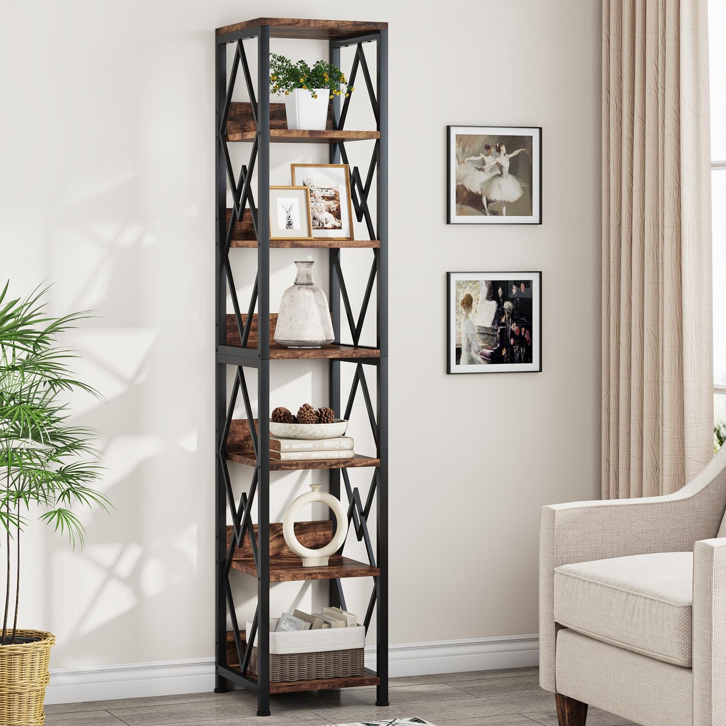 Tribesigns 75-Inch Tall Narrow 6-Tier Bookshelf with Heavy Duty Metal Frame in Brown - WoodArtSupply