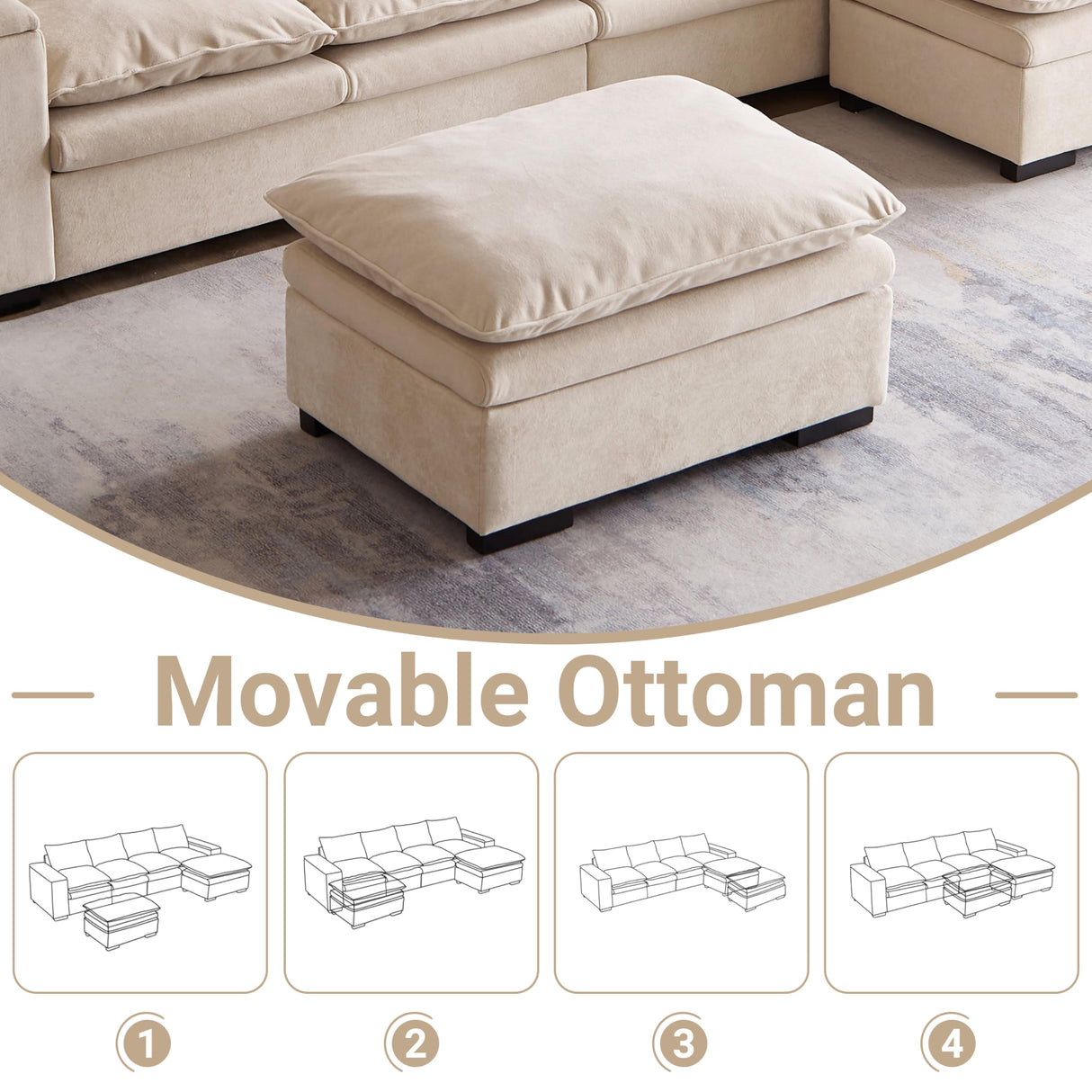 N NOORDENIYA 122″ Oversized Modular Sectional Sofa with Movable Ottoman, 6-Seat Deep Seat Sofa with Armrest Storage, Convertible U Shaped Couch for Living Room, Bedroom and Apartment, Terry, Beige N NOORDENIYA