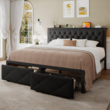 Einhomn King Size Bed Frame with 2 Storage Drawers, Metal Platform Bed with Charging Station, Upholstered Button Tufted Storage Headboard, No Box Spring Needed, Noise-Free, Easy Assembly, Black Einhomn