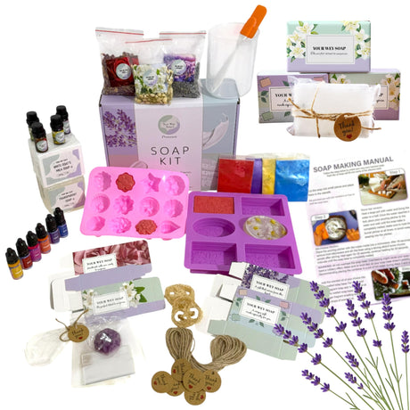 Soap Making Kit – 53 PCS DIY Melt & Pour Supplies with 2 lbs Soap Bases (1 lb Goat's Milk + 1 lb Glycerin), Molds, Essential Oils, Liquid Colorants, Mica Powders, Flowers – Gift Idea for Christmas Generic