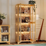 Hitow Glass Curio Cabinet Display Case with LED Light & 4 Doors, 4-Tier Flower-Patterned Glass Showcase Display Cabinet, 74.2" H Bookshelves and Bookcases for Living Room, Wood Grain Hitow