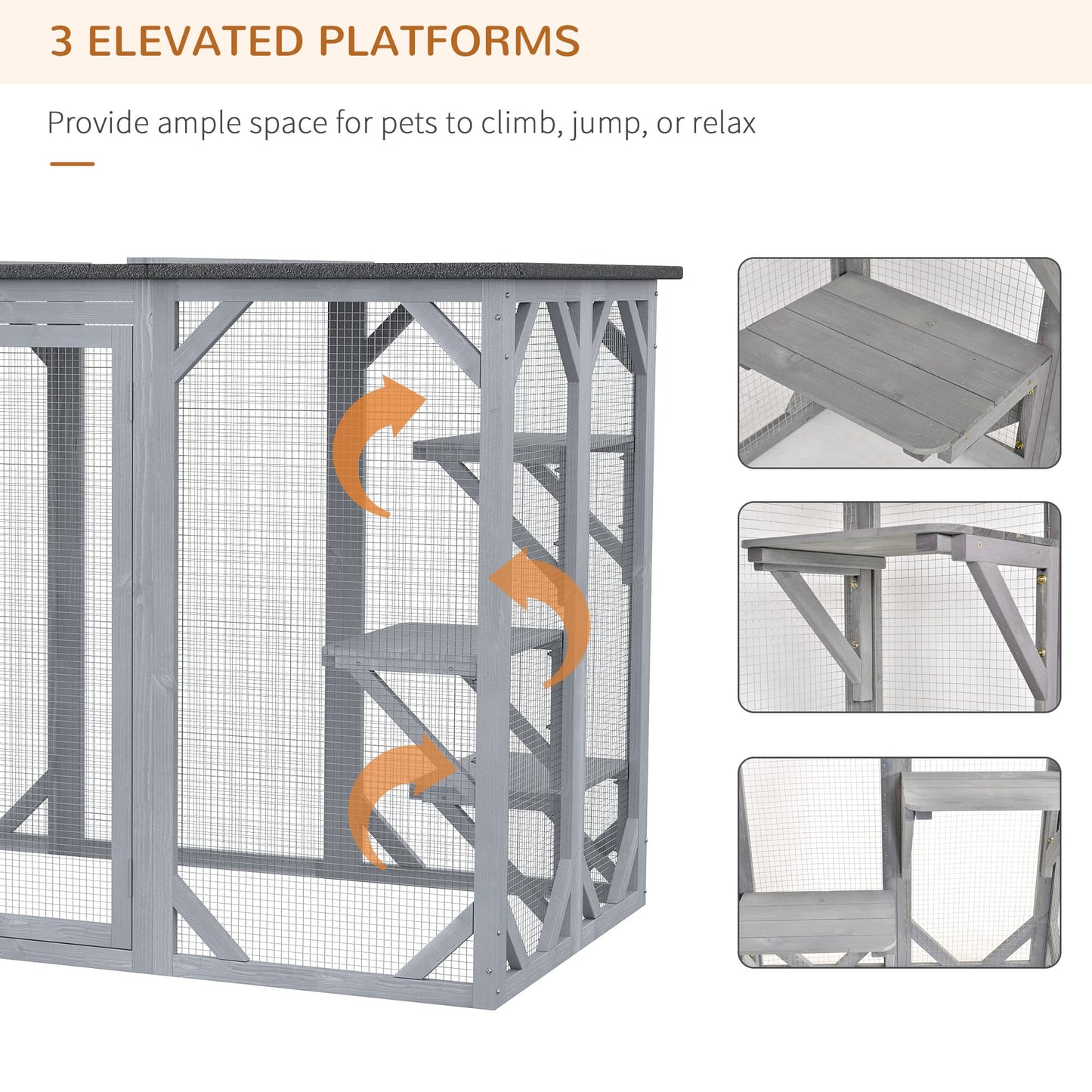 PawHut Outdoor Cat House, Catio Wooden Feral Cat Shelter, Cat Cage with Platforms, Large Enter Door, Weather Protection Asphalt Roof, 71" L, Gray - WoodArtSupply