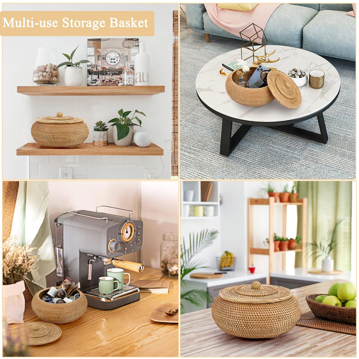 Hipiwe Round Rattan Boxes with Lid Natural Woven Storage Basket Bin Multi-Purpose Wicker Tray Weaving Decorative Shelf Basket Farmhouse Picnic Food Bread Fruit Table Storage Basket Hipiwe