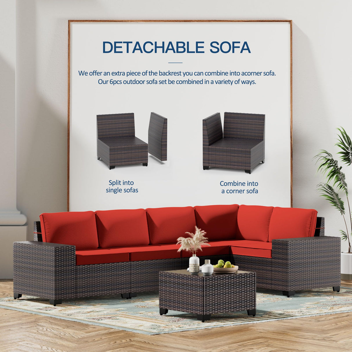 Kullavik 6PCS Outdoor Patio Furniture Set PE Wicker Rattan Sectional Sofa Patio Conversation Sets,Red Kullavik