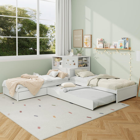 Merax L-Shaped Combination Twin Bed Frame with Trundle,Drawer,Built-in Desk,3-in-1 Design for Bedroom Merax