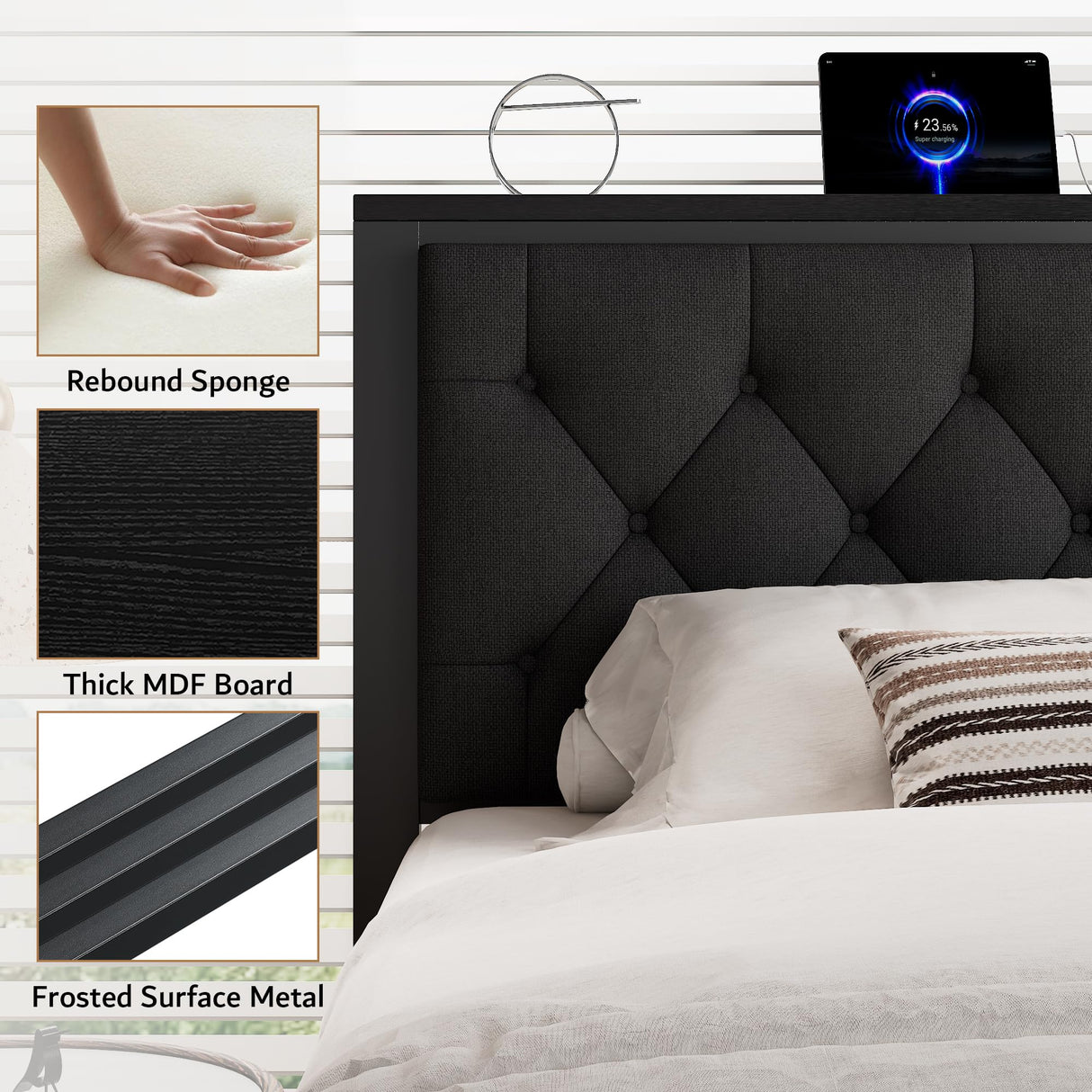 iPormis King Bed Frame with 2 Storage Drawers, Linen Upholstered Headboard Platform Bed with Charging Station, No Box Spring Needed, Metal Slats Support, Noise-Free, Easy Assembly, Black iPormis