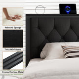 iPormis King Bed Frame with 2 Storage Drawers, Linen Upholstered Headboard Platform Bed with Charging Station, No Box Spring Needed, Metal Slats Support, Noise-Free, Easy Assembly, Black iPormis