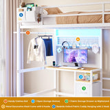 DICTAC Twin Size Bunk Bed with Desk and Charging Station Metal Loft Bed with Led Lights & Storage Shelves and Drawers L-Shaped Twin Over Twin Size Bunk Bed for Teen,Safety Guardrail and Ladder,White DICTAC