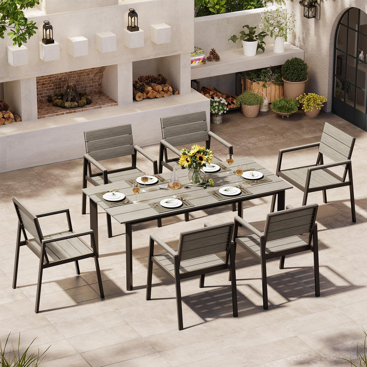 Oasbira Outdoor Dining Set for 6, Patio Table and Chairs Set with Umbrella Hole, 7 Pieces HDPS Outdoor Furniture Sets for Patio, Garden, Backyard (Gray) Oasbira