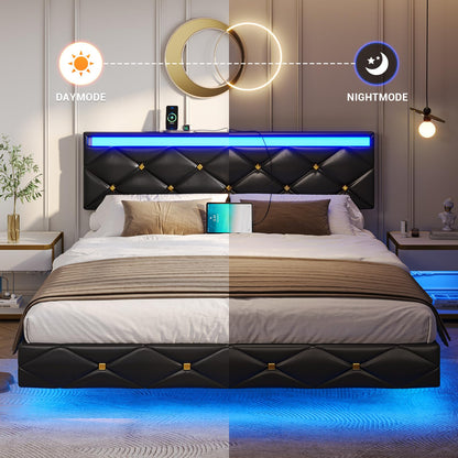 Hasuit Modern Queen Floating Bed Frame with LED Lights & Built-in Charging Station - WoodArtSupply