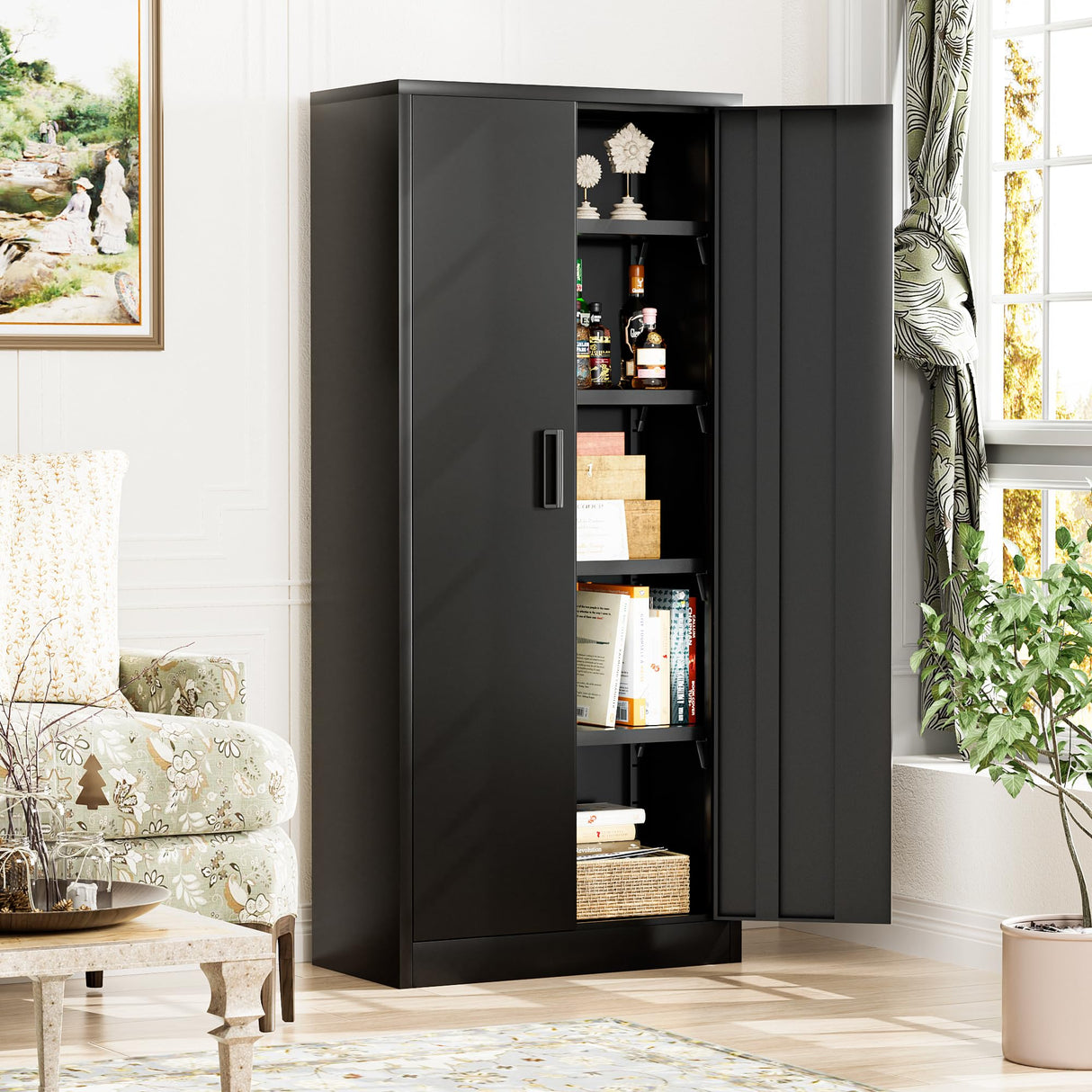JUMMICO Metal Storage Cabinet with 2 Locking Doors and 4 Adjustable Shelves, 71" Tall Freestanding Utility Steel Storage Cabinet for Home Office, Pantry, Garage (Black, 16 x 32) JUMMICO