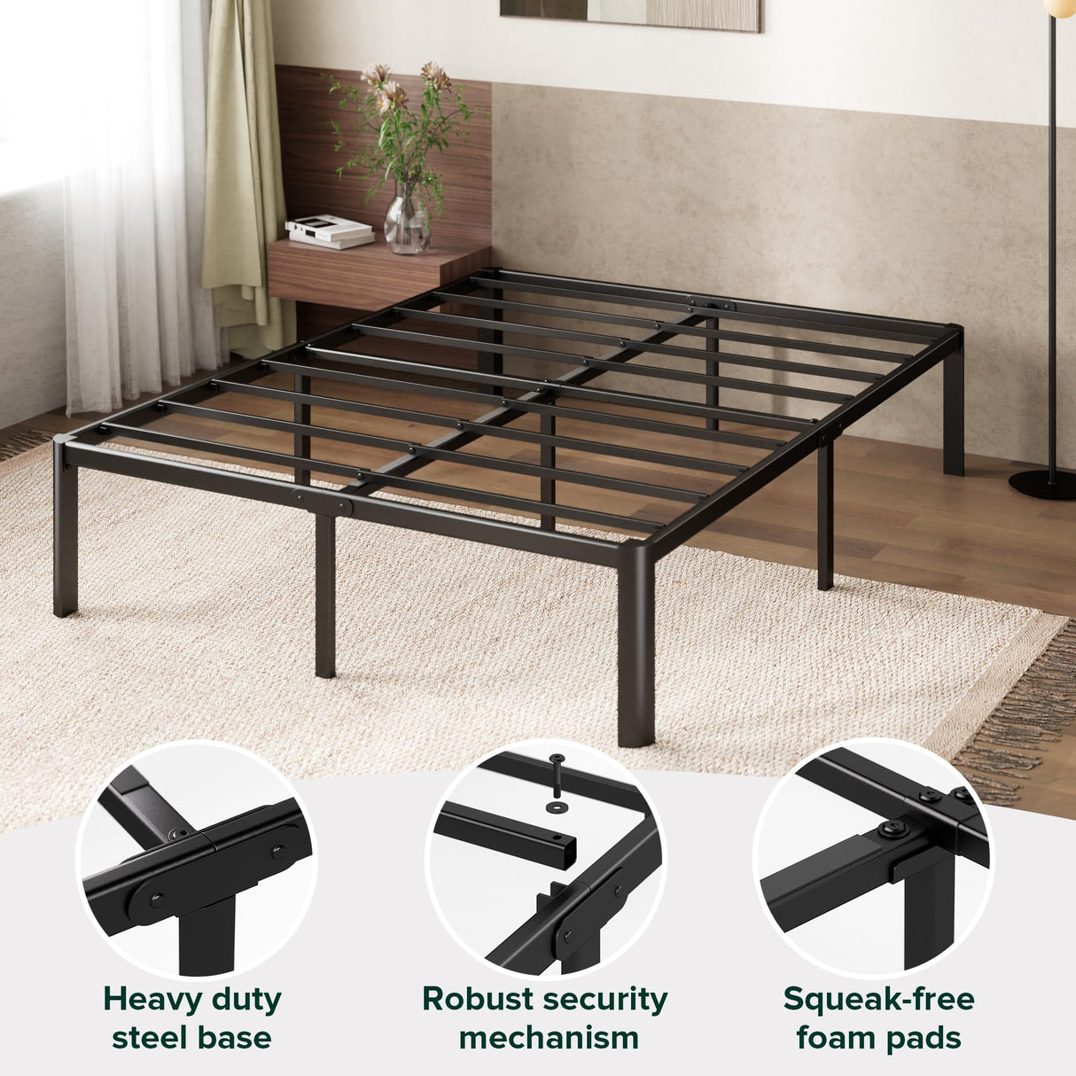 ZINUS Van 16 Inch Metal Platform Bed, Steel Slat Support, No Box Spring Needed, Eco Friendly WonderBox Packaging, Easy Assembly, Black, Queen ZINUS