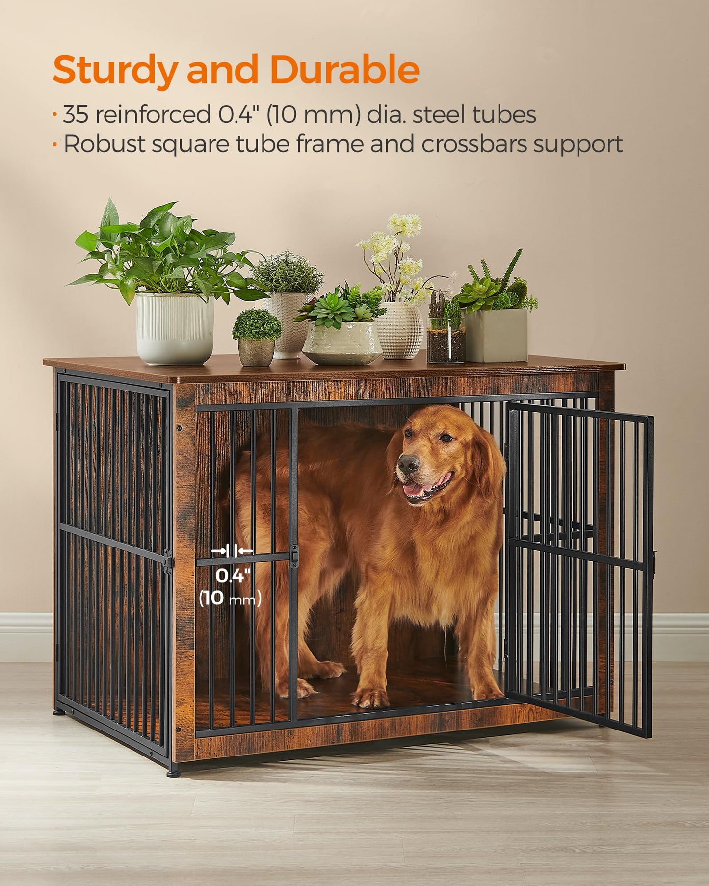 Feandrea Dog Crate Furniture, 43.3" Side End Table, Modern Kennel for Dogs Indoor up to 80 lb, Heavy-Duty Dog Cage with Enclosed Base, Double-Door Dog House, Rustic Brown UPFC024X01 - WoodArtSupply