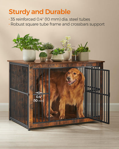 Feandrea Dog Crate Furniture, 43.3" Side End Table, Modern Kennel for Dogs Indoor up to 80 lb, Heavy-Duty Dog Cage with Enclosed Base, Double-Door Dog House, Rustic Brown UPFC024X01 - WoodArtSupply