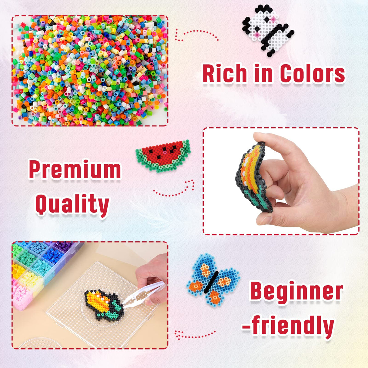 QUEFE 5200pcs Fuse Beads Kit for Boys and Girls, 24 Colors 5mm Melting Beads Set Including Pegboards, Ironing Paper, Tweezers, Colorful Hooks for Birthday and Christmas Gift QUEFE