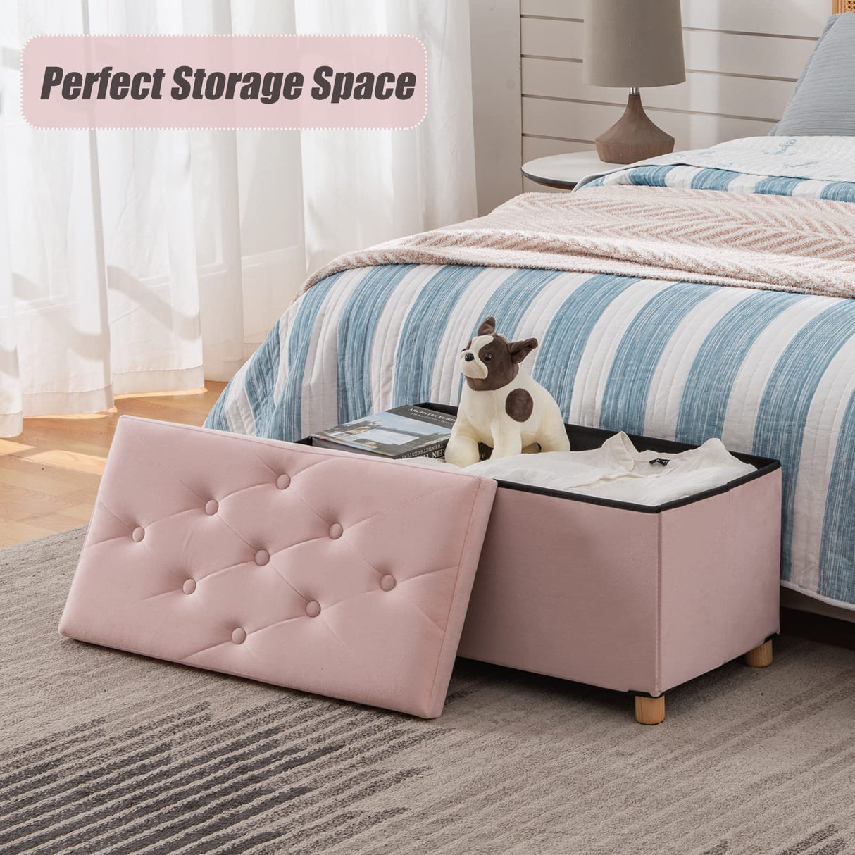 BRIAN & DANY 30 Inches Folding Storage Ottoman Bench, Ottoman with Storage for Living Room, with Wooden Feet and Lid, Pink BRIAN & DANY