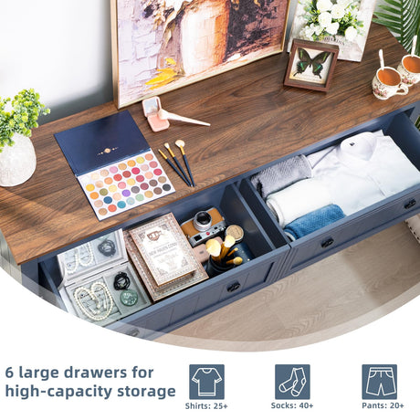 Joaxswe Farmhouse 6 Drawers Dresser for Bedroom, 58 Inch Wide Wood Dresser Chest of Drawers, Vintage Design TV Stand, Rustic Storage Dressers Organizer for Bedroom, Living Room, Hallway - Blue Joaxswe