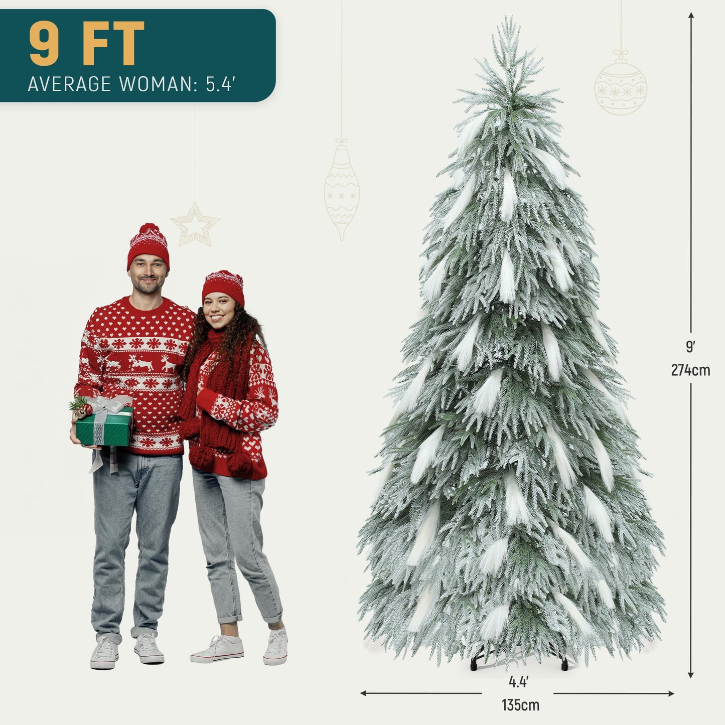 YITAHOME Pre-Lit Flocked Natural Drooping Pampas Christmas Tree, 9ft Snow Flocked Artificial Christmas Tree with 959 PE Branch Tips, 54 Feathers and 900 Lights for Home, Office, Party Decoration