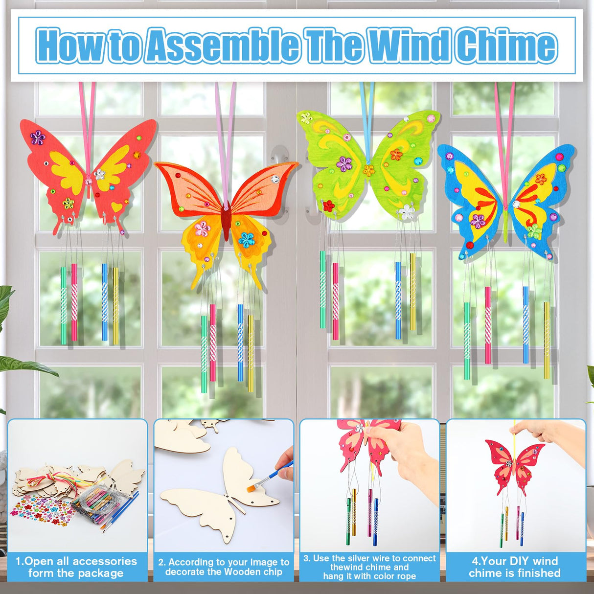 Wenqik 12 Pack Wind Chime Kit Spring Crafts Wooden Arts Make Your Own Wind Chime Ornaments DIY Coloring Craft for Spring Art Activities Favor Supplies(Butterfly) Wenqik