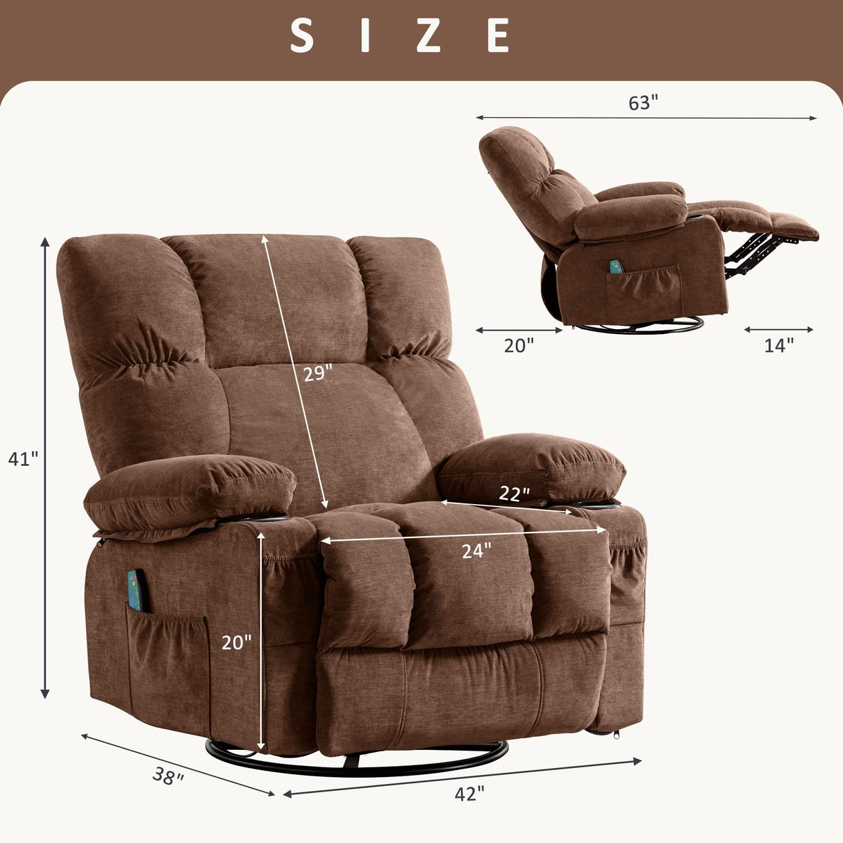 Soft Fabric Recliner Chair With Heat and Massage - Oversized Manual Rocking Recliner for Adults - Big and Tall With 2 Cup Holders for Living Room Fantasylab