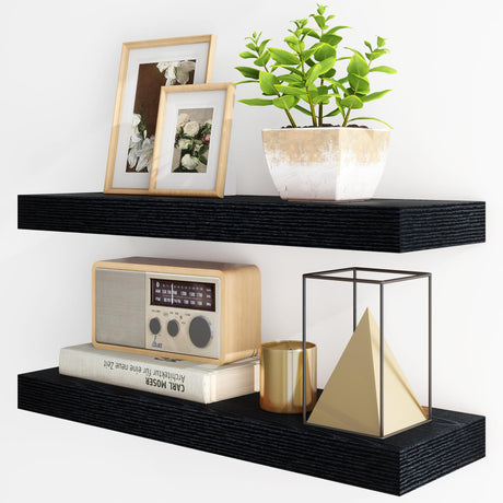 Fun Memories Floating Shelves for Wall, 24Inch Floating Shelves Set of 2, Hanging Shelf with Invisible Brackets, Wood Shelves for Living Room, Bedroom, Kitchen, Black Fun Memories