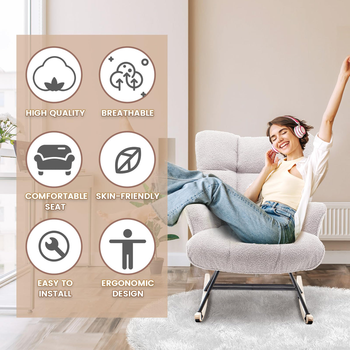 SAETSFEG Rocking Chair Nursery Teddy Upholstered Glider Rocker Rocking Accent Chair Padded Seat with High Backrest Armchair Comfy Side Chair for Living Room Bedroom Offices (Grey Teddy) SAETSFEG