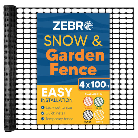 Zebro 4' x 100' Black Plastic Garden Fence Roll – Lightweight Temporary Mesh Fencing, Snow Fence, Poultry Netting – Outdoor Barrier for Yard, Landscaping, Deer & Animals – Compatible with Garden Uses ZEBRO