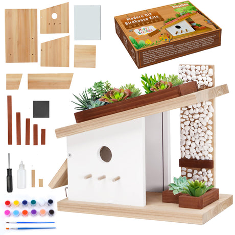 Modern Birdhouse Woodworking Kit, Build Your Own DIY Bird House Kit for Kids and Adults, DIY Woodcraft Building Projects with Paint Set Rioychan