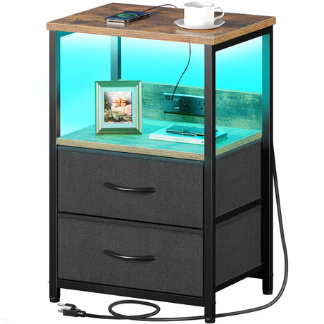 Seventable Nightstand Set of 2 with Charging Station, Bedside Table with LED Lights, Night Stand with 2 Fabric Drawers, 3-Tier Storage End Table for Bedroom, Rustic Brown Seventable