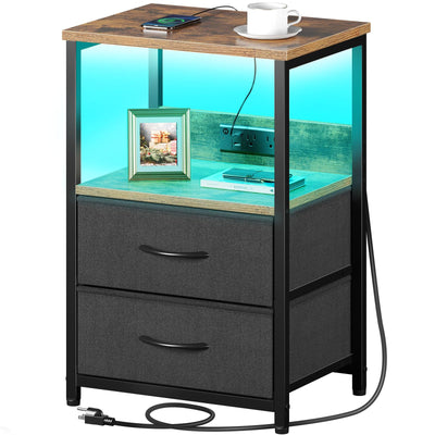 Seventable Nightstand Set of 2 with Charging Station, Bedside Table with LED Lights, Night Stand with 2 Fabric Drawers, 3-Tier Storage End Table for Bedroom, Rustic Brown
