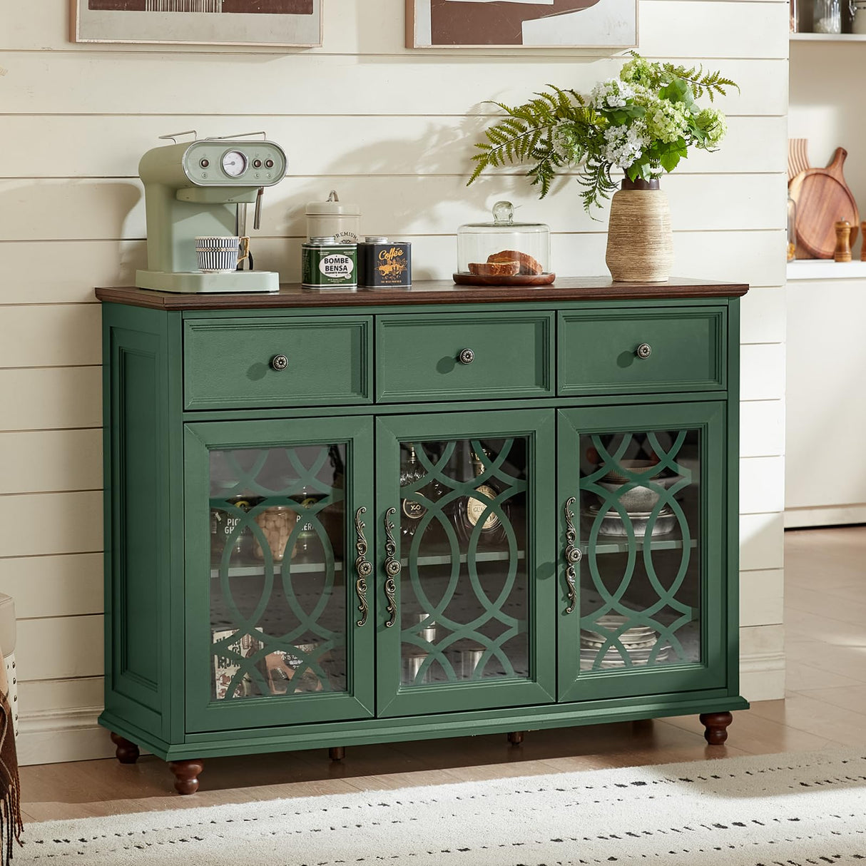 Joaxswe Farmhouse Sideboard Buffet Cabinet with Storage,48" Large Credenza with 3 Glass Doors & 3 Drawers,Adjustable Shelves Console Table,Wood Kitchen Coffee Bar for Dining Room,Living Room,Green Joaxswe