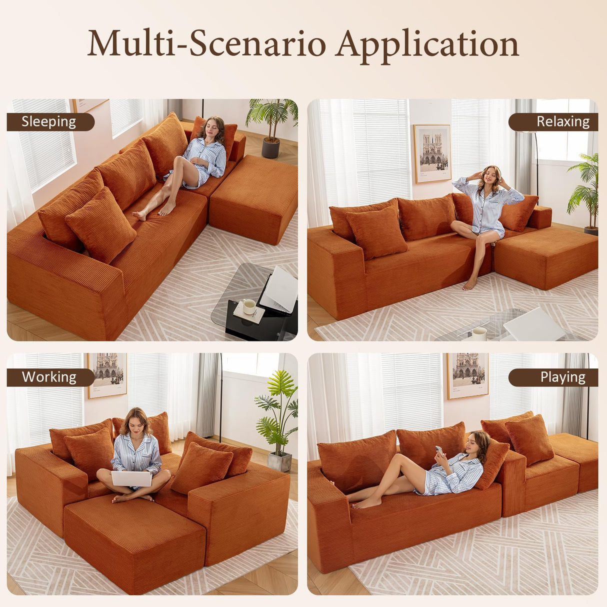 INGEROOM 108" Cloud Sectional Couch with L-Shape Chaise, Modular Sofa Memory Foam, Boneless Sofa with Movable Ottoman, Upholstered Couches for Living Room Bedroom, No Assembly Required, Orange INGEROOM