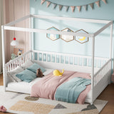 Full Size Canopy Bed Frame with 4 Posters and Guardrails, Full Size Montessori Floor Bed with High Fence, White Montessori Bed Bellemave
