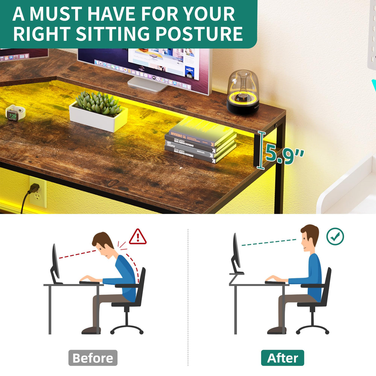 YITAHOME L Shaped Desk with Power Outlets & LED Lights, 67" Computer Desk with File Drawer, Corner Desk Home Office Desk with Monitor Stand & 3 Cubbies Storage Shelves, Rustic Brown YITAHOME