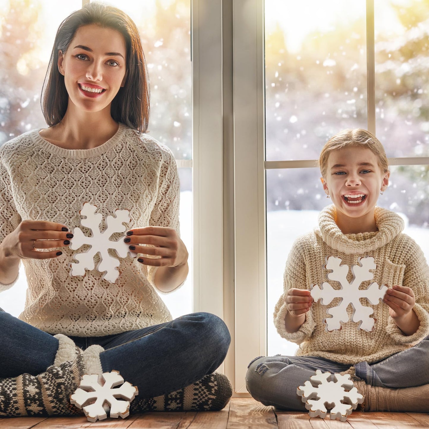 Bucherry 3 Pcs Christmas Wooden Snowflake Decor Rustic Winter Snowflake Table Signs Wonderland Snowflake Wood Blocks Farmhouse Xmas Tiered Tray Decorations for Xmas Table Shelf(Retro White)