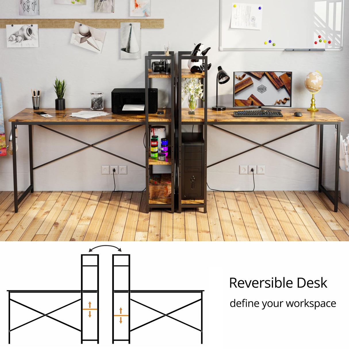 IRONCK Computer Desk 55" with Power Outlet and Storage Shelves, Study Writing Table with USB Ports Charging Station, PC Desk Workstation for Home Office, Rustic Brown IRONCK