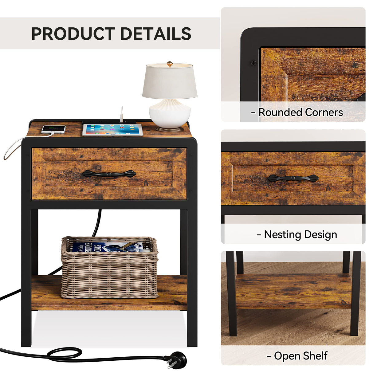 ELETHEBIA Rustic Brown 3-Piece Queen Bedroom Set with Platform Bed, Ottoman Bench, and Nightstands ELETHEBIA