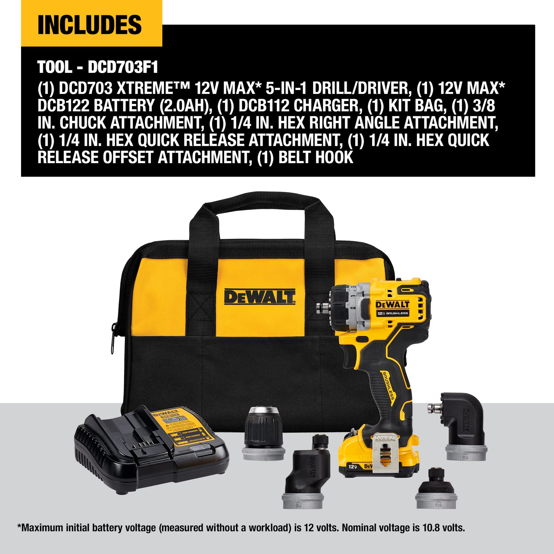 DEWALT XTREME(TM) 12V MAX* Brushless Cordless 5-in-1 Drill/Driver Kit (DCD703F1) - WoodArtSupply