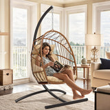YITAHOME Hanging Egg Chair, Outdoor Patio Wicker Hammock Egg Chair Indoor with Cushion, Rattan Swing Chair 350lbs for Balcony, Garden Bedroom, Beige with Stand YITAHOME