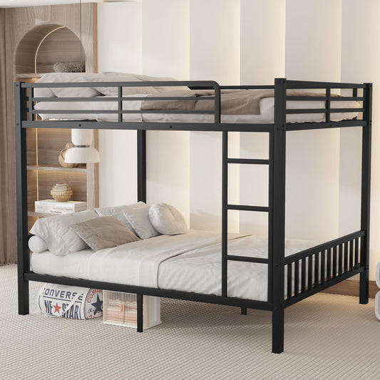 Miscoos Queen Over Queen Metal Bunk Bed, Heavy Duty Bunk Bed Frame w/Ladder, Full-Length Guardrails and Slats Support, Queen Bunk Beds for Adults Teens, Black