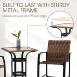Villeston 3 Piece Outdoor Wicker Bar Stools Set, 2 Height Chairs and 1 Pub Table for Patio Bistro Poolside Dining, Woven Rattan High Top Furniture, Brown Villeston
