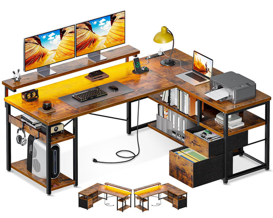 ODK Vintage L Shaped Gaming Desk with LED Lights, Power Outlets, and Storage Drawers - WoodArtSupply