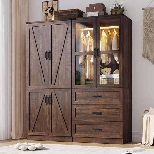 75" Tall Farmhouse 4 Doors Armoire Wardrobe Closet with 3 Drawers and LED,Freestanding Closet Wardrobe Cabinet for Bedroom with Hanging Rod,Wooden Armoire Storage Cabinet with Adjustable shelve(Brown)