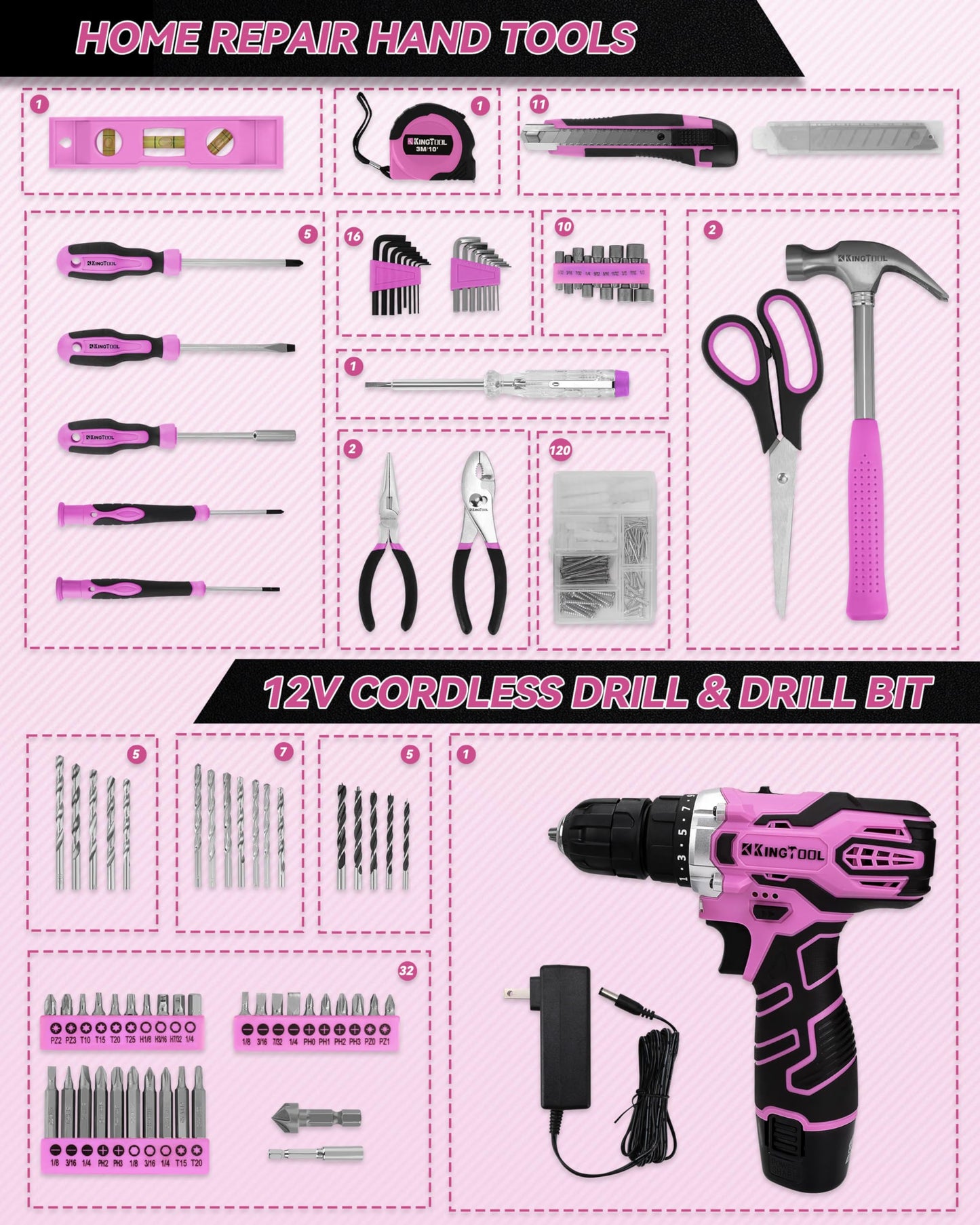 KingTool Home Tool Kit Set - 219 Pieces Pink Tool Kit with 12V Max Power Cordless Drill, Tool Kit for Women, Household Tool Set Kit with Power Drill for Home Office Garden Repair - WoodArtSupply