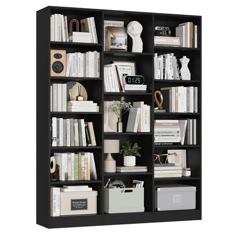 FACBOTALL Triple Wide Bookshelf, 6 Tier Large Bookshelf, Bookcase with 17 Open Display Shelves, 74'' Tall Bookcases and Bookshelves for Living Room, Home Office, Library, Black FACBOTALL