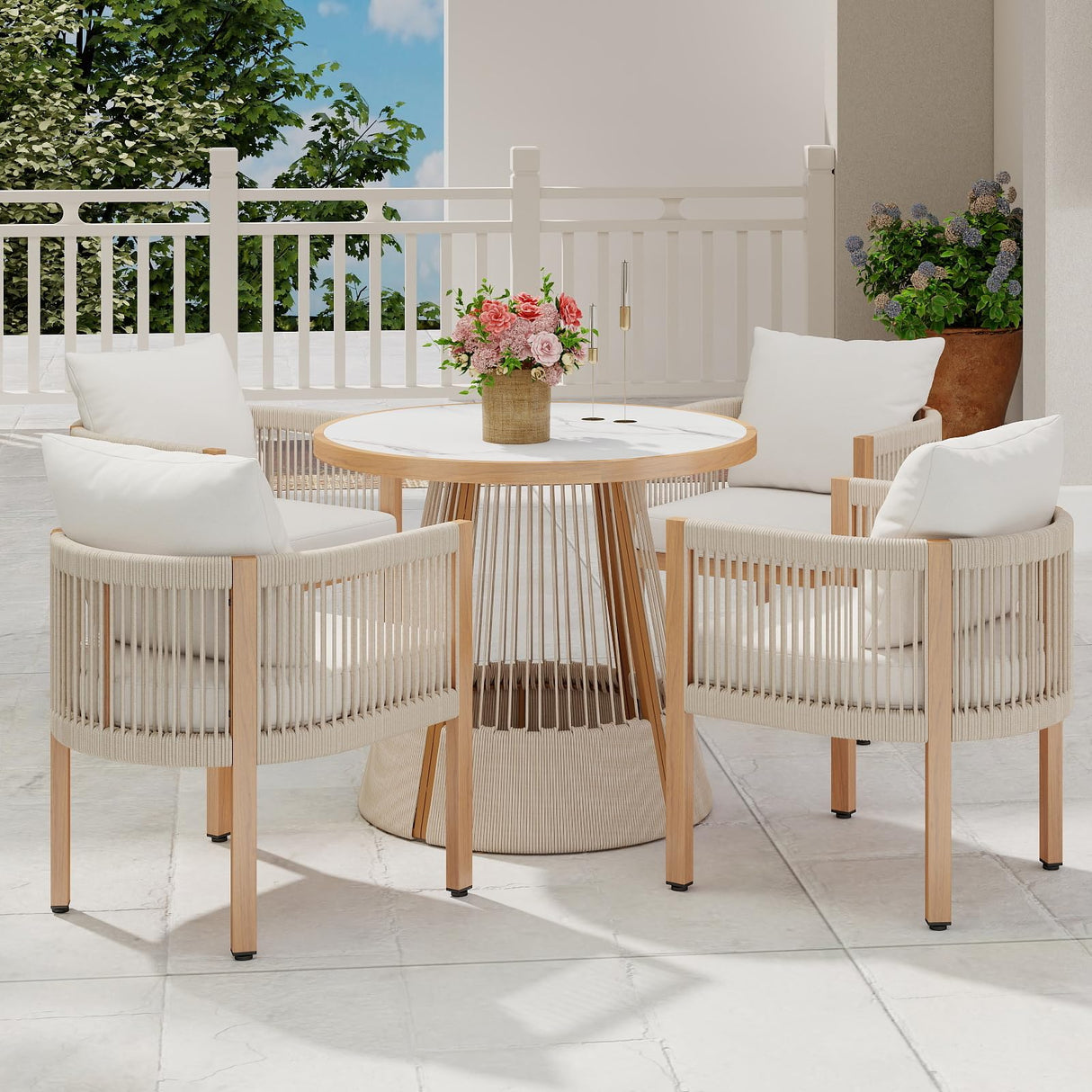 DAYAOUTDOOR Patio Dining Table and Chairs, Outdoor Furniture Set, Round Dining Sets for 4, Outdoor Dining Table Set, 5 Piece Patio Round Chairs Set, Small Outdoor Patio Sets for Kitchen, Beige DAYAOUTDOOR