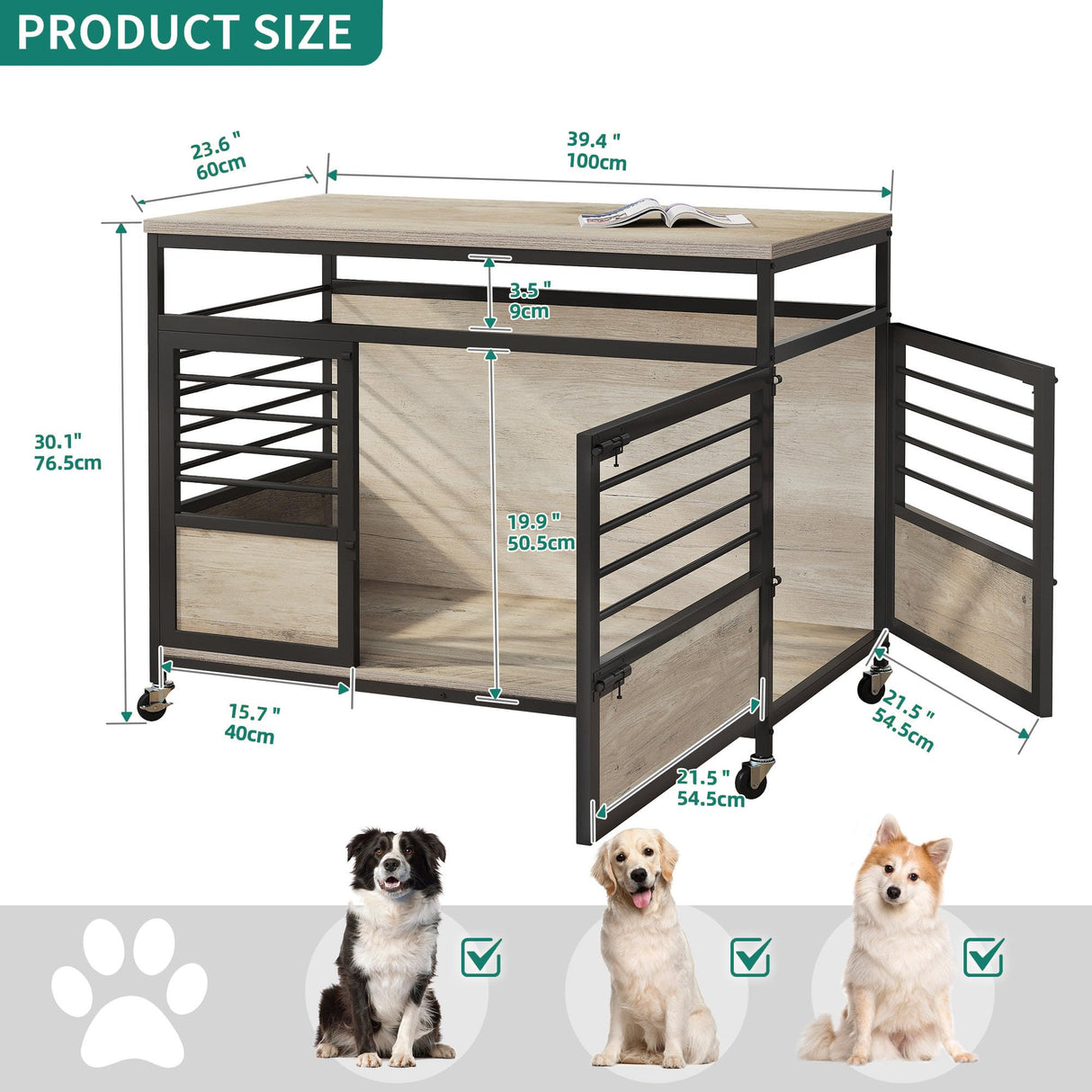 YITAHOME 39" Dog Crate Furniture with Wheels, Heavy Duty Wood Dog Cage Table with Double-Doors Chew-Resistant Farmhouse Decorative Wooden Dog Kennel Indoor for Large and Medium Dogs, Grey YITAHOME