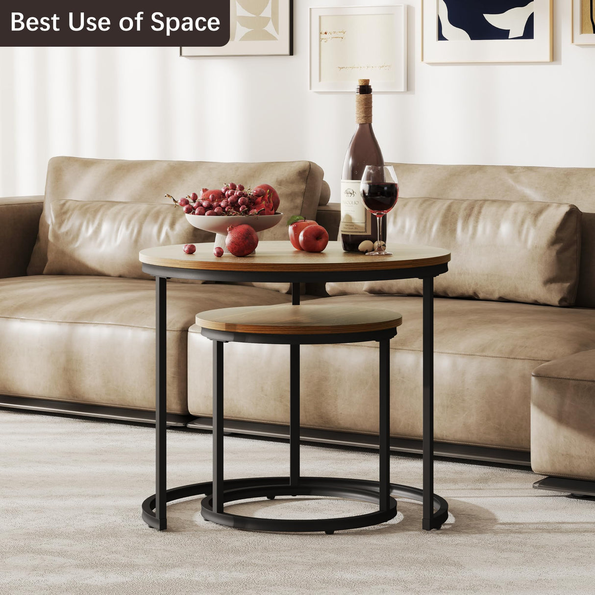 Otterease Nesting Tables Set of 2, Round Coffee Table, Small Nesting Coffee Table with Adjustable Non-Slip Fee, Wood Grain Top Nesting Tables for Living Room, Bedroom (Wood Grain Brown) Otterease