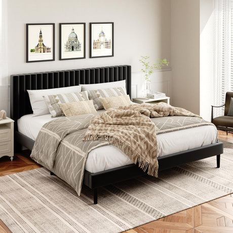HAOARA King Size Bed Frame, King Size Platform Bed Frame and Velvet Upholstered Headboard with Strong Wood Slats, Box Spring Optional, Mattress Foundation, Easy Assembly Black HAOARA